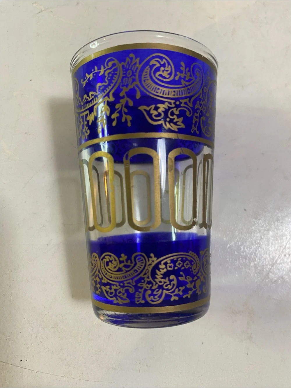 Set Of 4 Moroccan Royal Blue & Green Bar Glasses Gold Moorish Arabesque Design